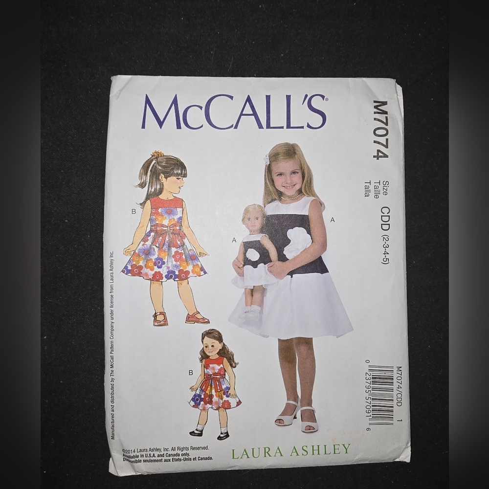 McCall’s Laura Ashley girl doll dress pattern SZ 2 - 5 uncut M7074